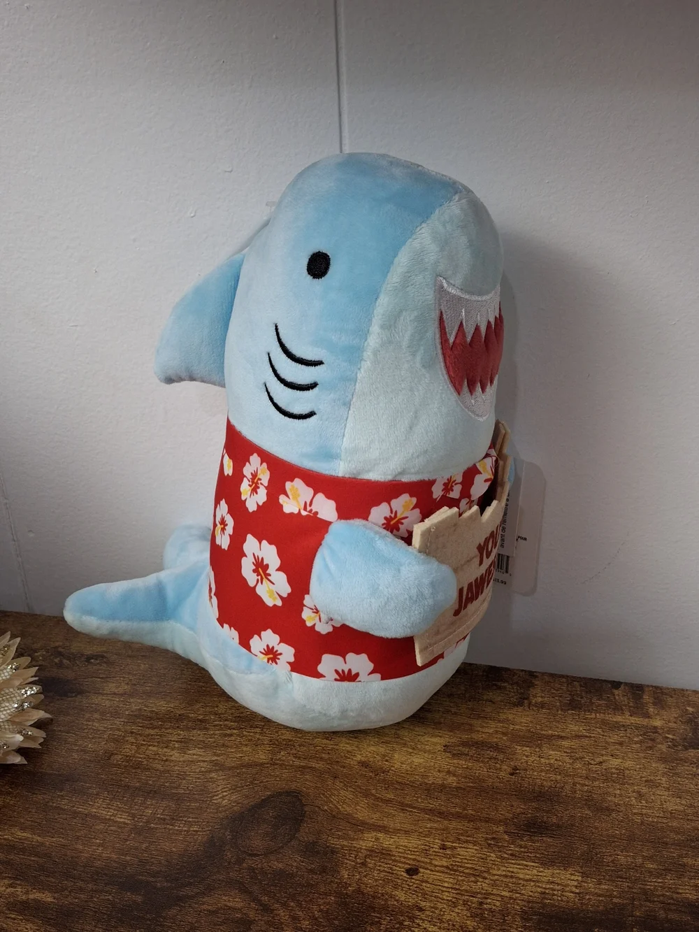Blue 'You're Jawesome' Plush Shark with Red Floral Hawaiin Shirt Gift CardHolder
